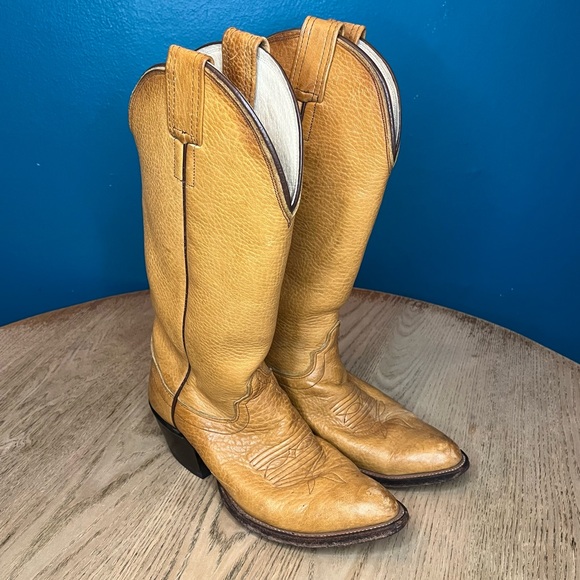 Vintage Olathe Men’s Tan Leather Cowboy Boots Western Size 6.5 B Narrow 1980s
